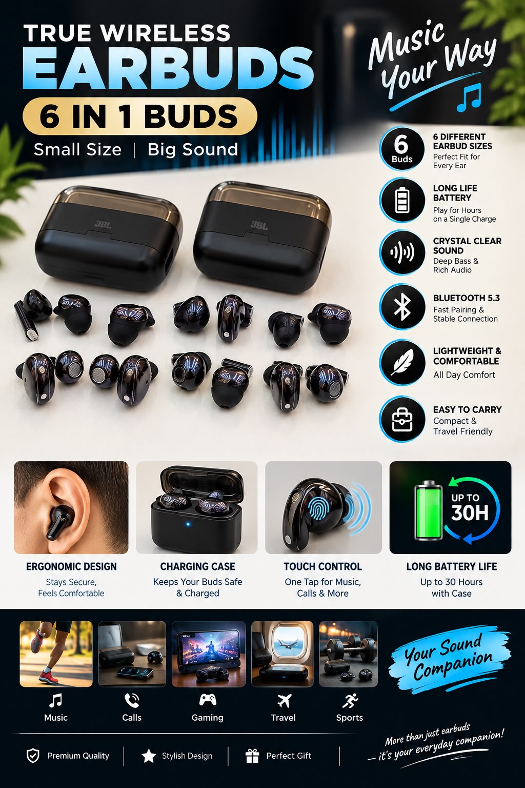 🔥 6-in-1 Wireless JBL Earbuds with Charging Case – Premium Sound & Long Battery Life