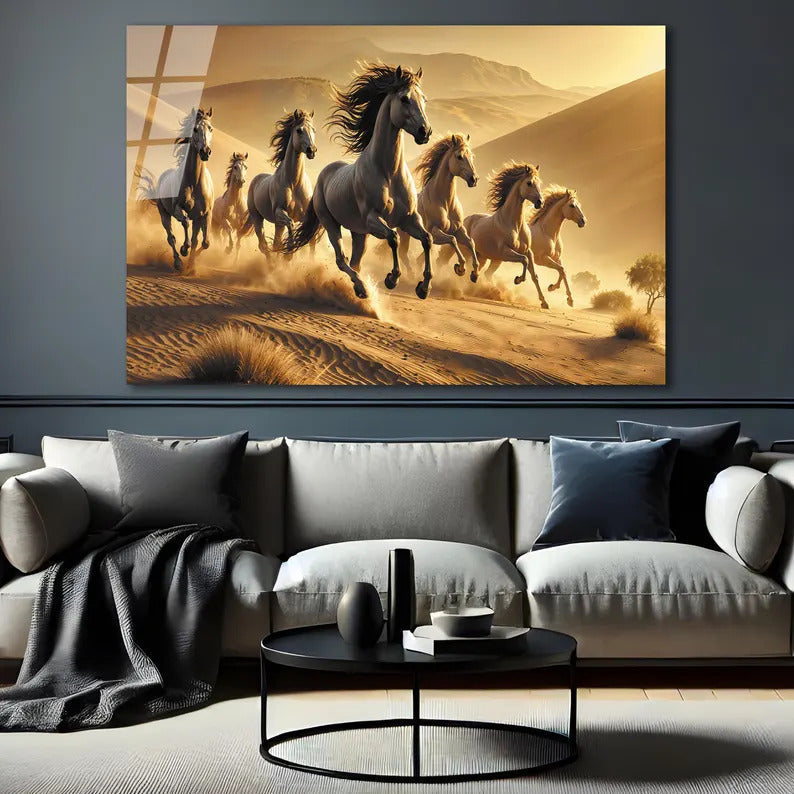 Lucky 7 Running Horses Glass Printing Wall Art - Tempered Glass Wall Art-Home Decoration-Interior Design Ideas-Perfect Gift For Your Lovers