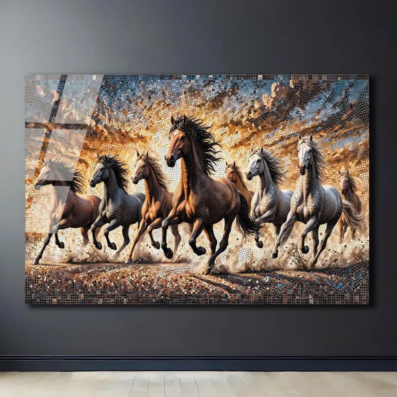 Lucky 7 Running Horses Glass Printing Wall Art - Tempered Glass Wall Art-Home Decoration-Interior Design Ideas-Perfect Gift For Your Lovers