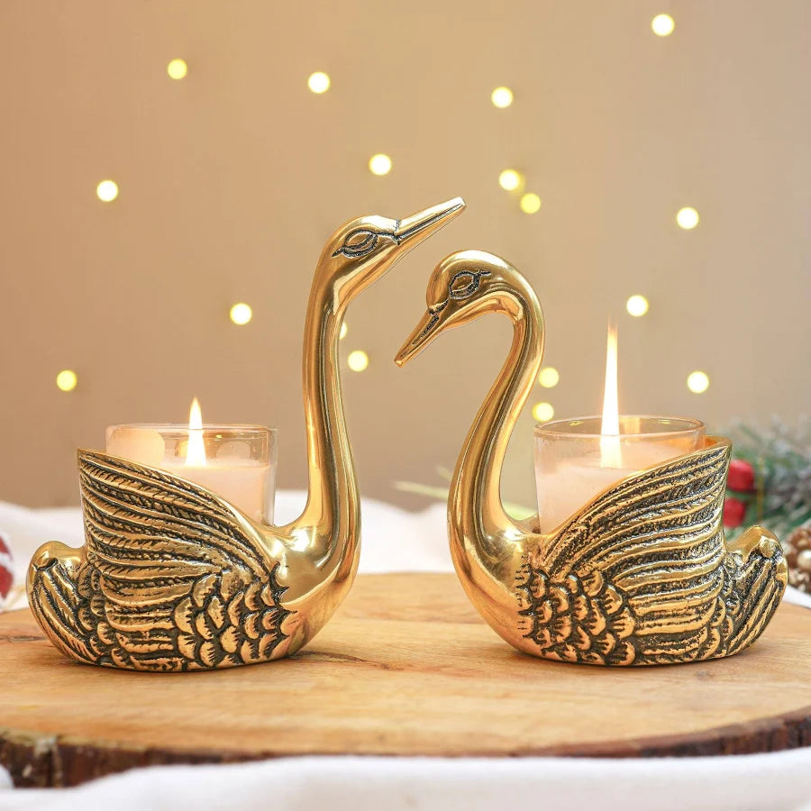 Metal Swans Candle Holders with Candles