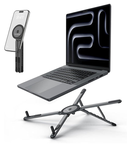 KAPAVER HaloStand 5in1 Portable Magnetic Aluminum Alloy Stand, 360° Adjustable Laptop, Tablet, Phone Holder with 8-Level Height Adjustment & Foldable Design (Cosmic Gray/Orange)