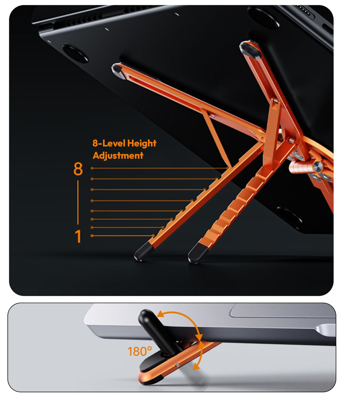 KAPAVER HaloStand 5in1 Portable Magnetic Aluminum Alloy Stand, 360° Adjustable Laptop, Tablet, Phone Holder with 8-Level Height Adjustment & Foldable Design (Cosmic Gray/Orange)