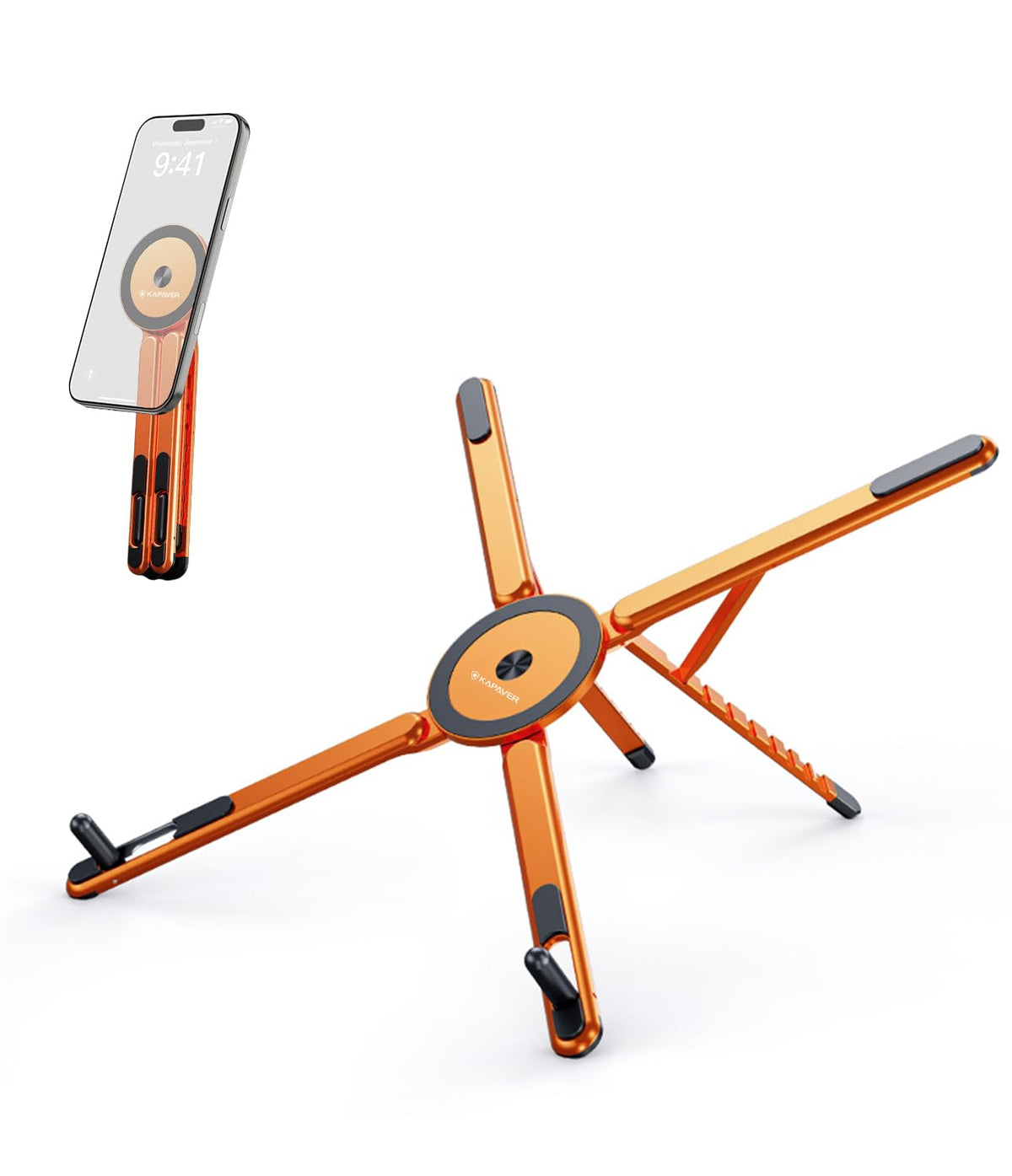 KAPAVER HaloStand 5in1 Portable Magnetic Aluminum Alloy Stand, 360° Adjustable Laptop, Tablet, Phone Holder with 8-Level Height Adjustment & Foldable Design (Cosmic Gray/Orange)