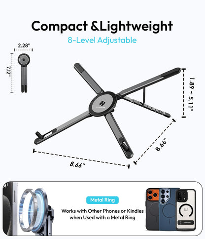 KAPAVER HaloStand 5in1 Portable Magnetic Aluminum Alloy Stand, 360° Adjustable Laptop, Tablet, Phone Holder with 8-Level Height Adjustment & Foldable Design (Cosmic Gray/Orange)